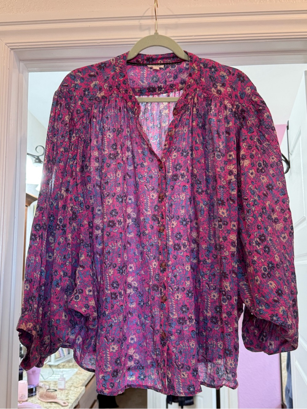 Pilcro Floral Button-Front Blouse in Bright Fuchsia and Blue